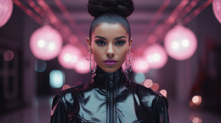 Woman in Black Outfit With Hair in Bunの素材