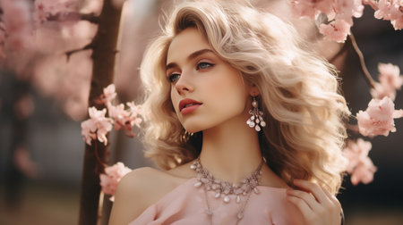 Woman Standing Under a Tree With Pink Flowersの素材