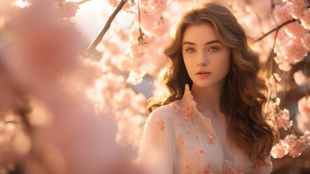 Woman Standing in Front of Tree With Pink Flowersの素材