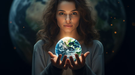 Woman Holding Glowing Earth in Her Handsの素材