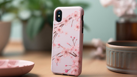 Pink Phone Case on Wooden Tableの素材