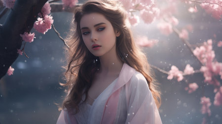 Woman Standing in Front of Tree With Pink Flowersの素材