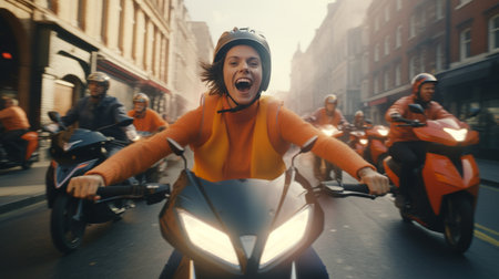 Group of People Riding Motorcycles Down a Streetの素材