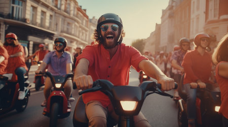 Group of People Riding Motorcycles Down a Streetの素材