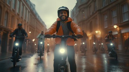 Group of People Riding Motorcycles Down a Streetの素材