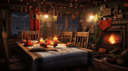 Dining Room With Table, Chairs, and Fireplaceの素材