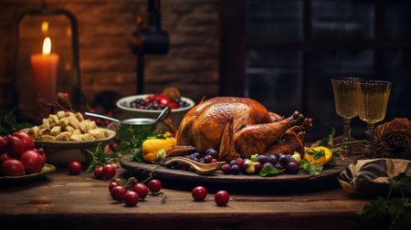 Turkey Sitting on Platter Surrounded by Various Foodsの素材