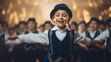 Group of People Singing and Dancing in Front of a Crowdの素材