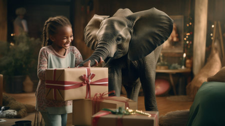 Little Girl Holding a Gift Box Next to an Elephantの素材