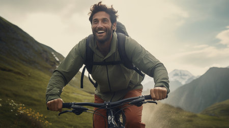 Man Riding a Bike Down a Lush Green Hillsideの素材