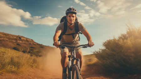 Man Riding a Bike Down a Lush Green Hillsideの素材