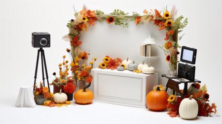 White Backdrop With Pumpkins, Flowers, and a Cameraの素材