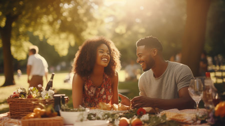 Man and Woman Sitting at Picnic Tableの素材