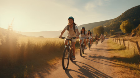 A Group of People Riding Bikes Down a Dirt Roadの素材