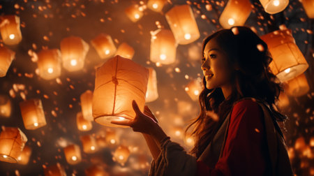 Woman Standing in Front of Lantern-Filled Skyの素材