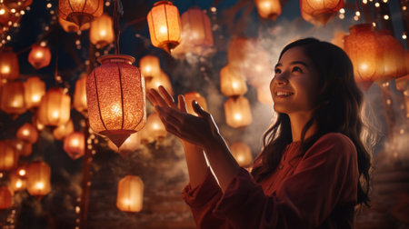 Woman Standing in Front of Lantern-Filled Skyの素材