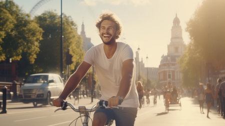 A Man Riding a Bike Down a Streetの素材