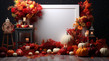 White Backdrop With Pumpkins, Flowers, and a Cameraの素材