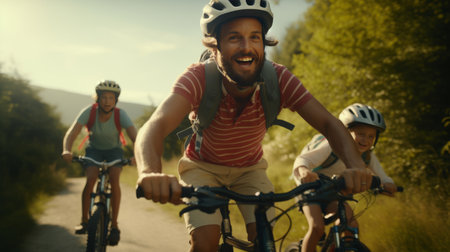 Two Men Riding Bicycles Side by Sideの素材