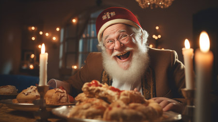 A Man in a Santa Hat Sitting at a Table With a Plate of Foodの素材