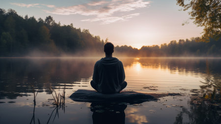 Person Sitting on Rock in Middle of Lakeの素材