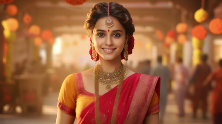 Woman in Yellow Sari Surrounded by Peopleの素材