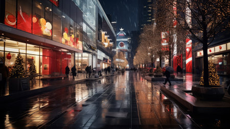Busy Night Scene: City Street With Pedestrians Walking on Sidewalkの素材