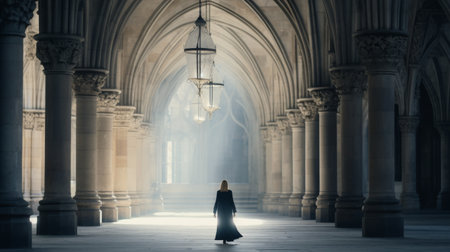 Woman in a Long Black Dress Walking Down a Hallwayの素材