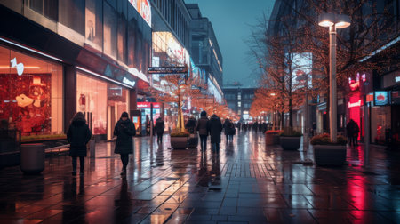 Busy Night Scene: City Street With Pedestrians Walking on Sidewalkの素材