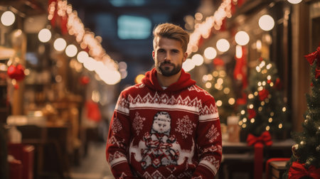 Man in a Christmas Sweater Standing in a Hallwayの素材