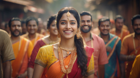 Woman in Yellow Sari Surrounded by Peopleの素材