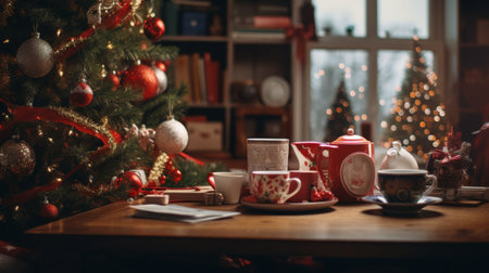 Wooden Table Displaying Cups and Saucersの素材