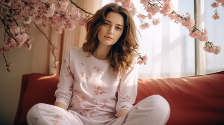 Woman in Pink Robe Sitting on Bedの素材