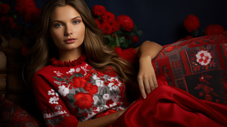 Woman in a Red Dress Sitting on a Couchの素材