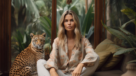 Woman Sitting on Couch Next to Tigerの素材