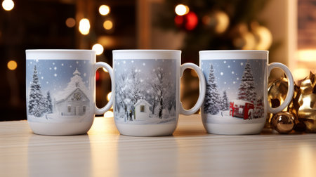 Three Coffee Mugs on Top of a Tableの素材
