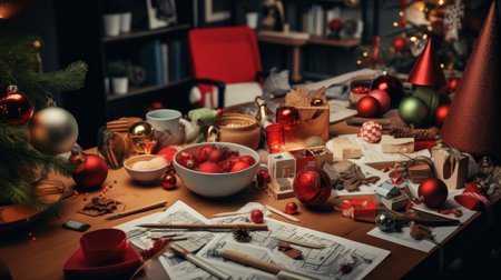Festive Wooden Table Adorned With Christmas Decorationsの素材