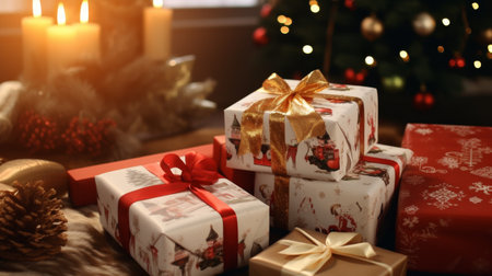 Group of Wrapped Presents Next to Christmas Treeの素材