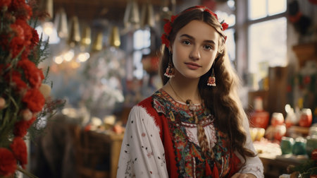 Woman in Red and White Dress Standing in Front of Red Flowersの素材