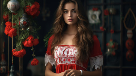 Woman in Red and White Dress Standing in Front of Red Flowersの素材