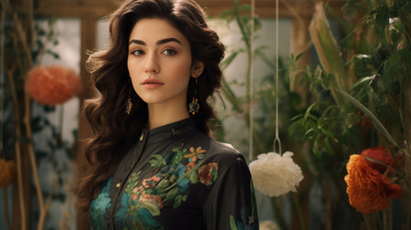 Woman Standing in Front of Flower Arrangementの素材