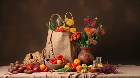 Group of Bags on Wooden Tableの素材