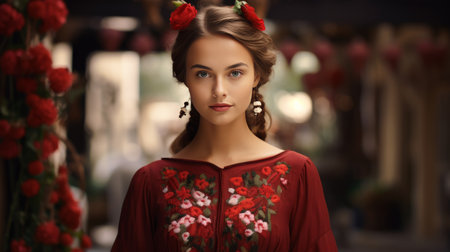 Woman in Red and White Dress Standing in Front of Red Flowersの素材
