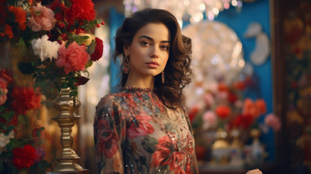 Woman Standing Next to Vase of Flowersの素材