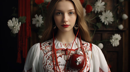 Woman in a Red and White Dress Holding a Red Appleの素材