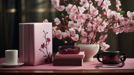 Table With Vase of Pink Flowersの素材