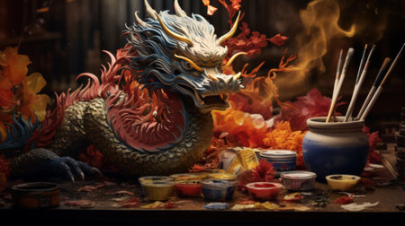 Dragon Sculpture Sitting on Top of a Wooden Tableの素材