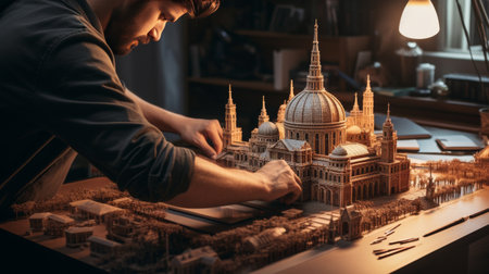 Man Working on Model of Cityの素材