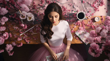 Woman Sitting on Bench in Front of Flowersの素材