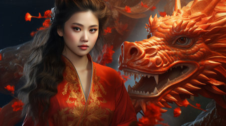 Woman in Red Dress Standing Next to a Dragonの素材